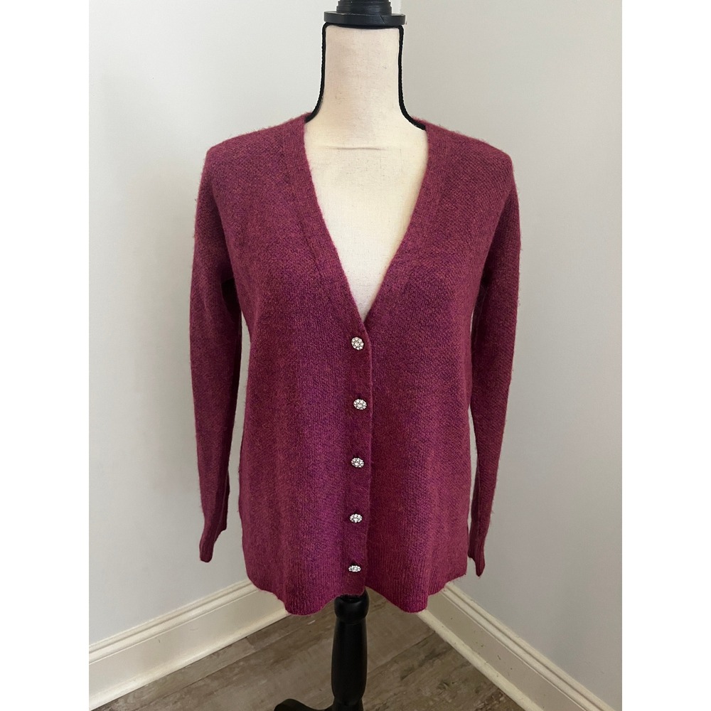 Rhinestone Flower Button Cardigan XS Knit Sweater Preppy Minimalist Office Chic